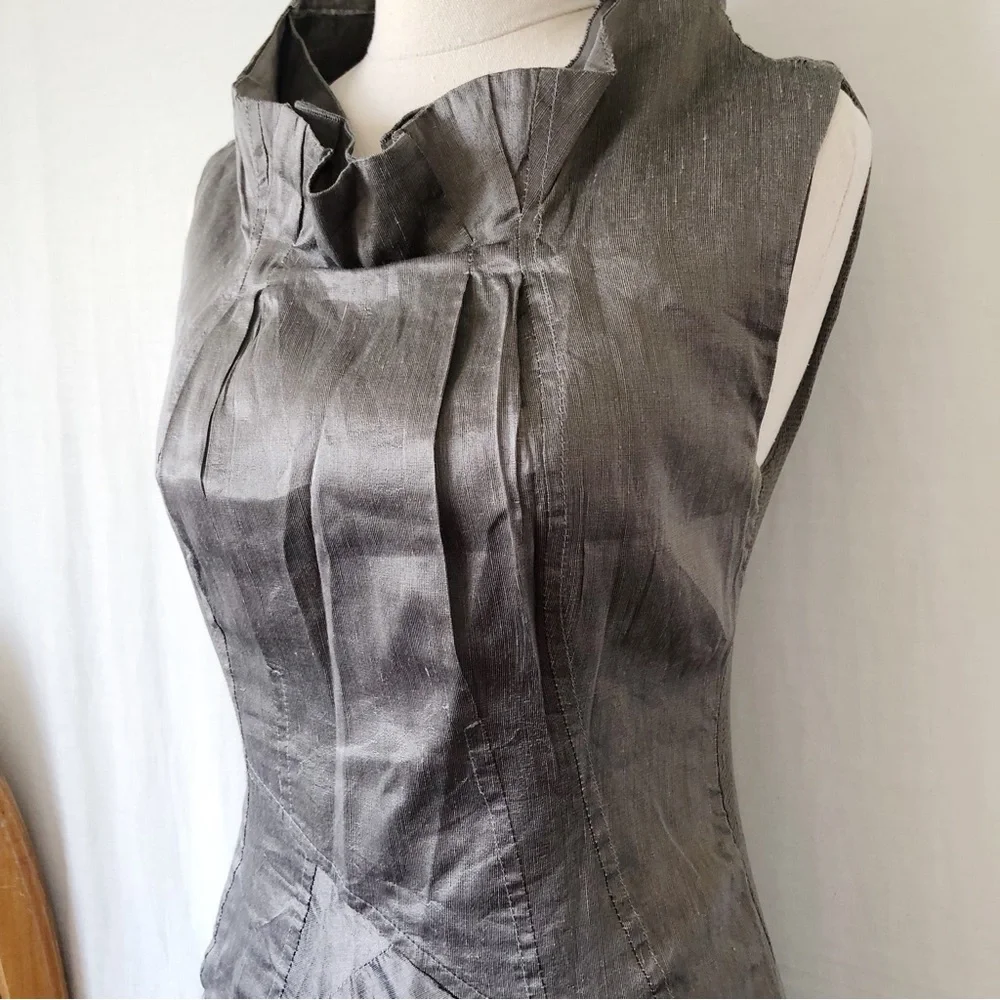 SISTE'S Size 8-10 Italian Grey Khaki Metallic Flax Blend Structured Dress Party - Picture 4 of 13